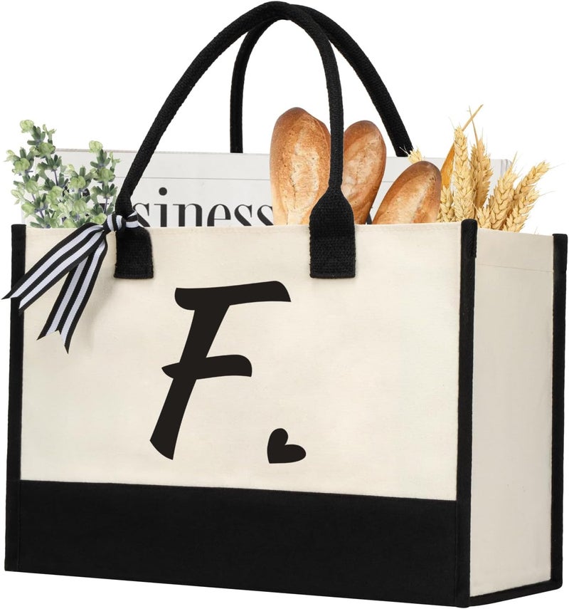 shenee Initial Canvas Tote Bag, Personalized Beach Jute Bag Present for Women Holiday,Friends Birthday Gift,Wedding, New Year - Image 1